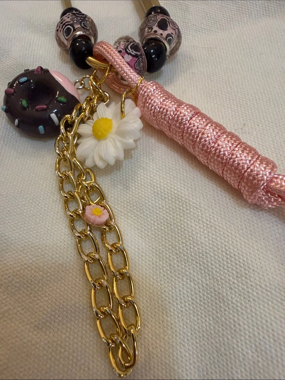 Pink Tassel Daisy & Donut Charm Keychain with Gold Chain bag charm